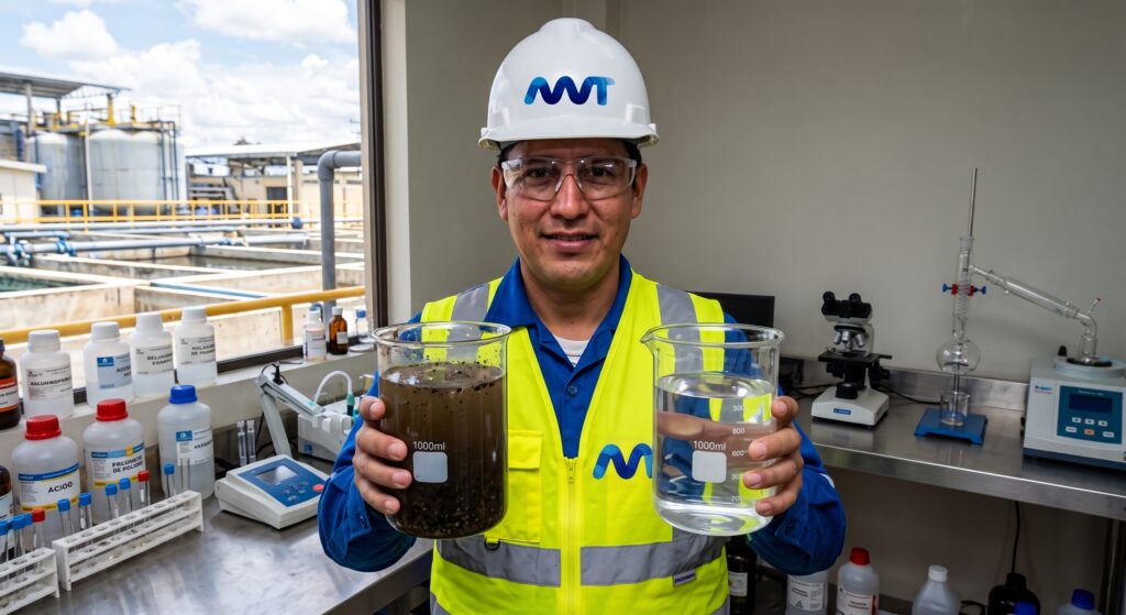 Técnico de AWT mostrando agua antes y después de recuperar una planta de tratamiento