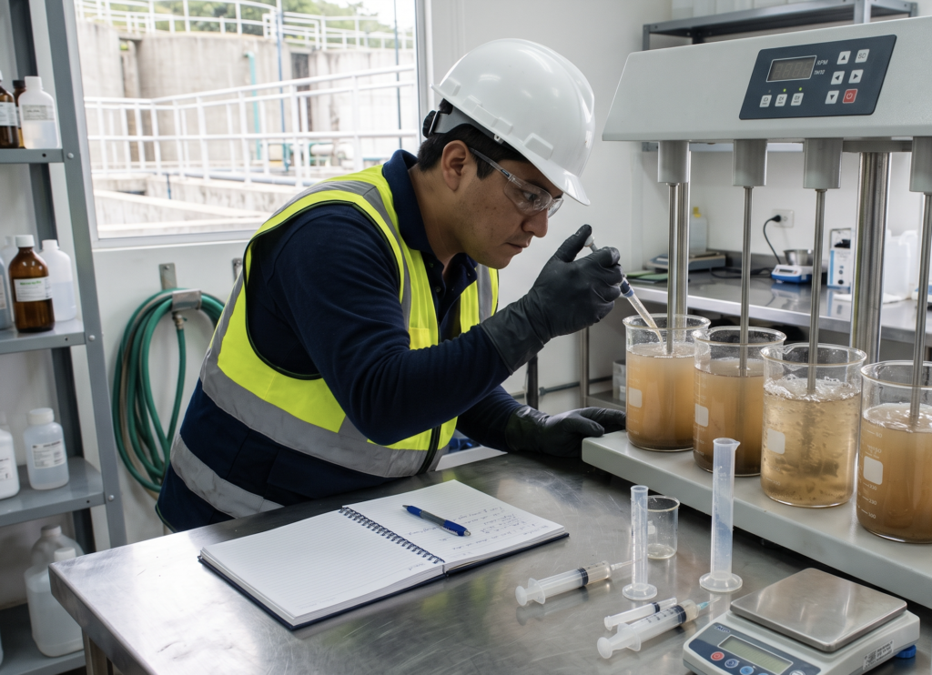 Operación y mantenimiento: ingeniero de AWT ajustando la dosificación con una prueba de jarras